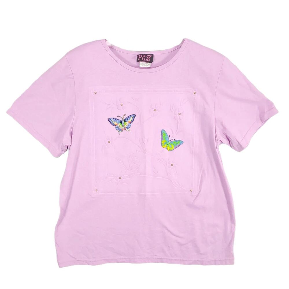 Vintage 90s PGB USA Embossed Embroidered Butterfly Lilac Purple Top Cottage Sz L